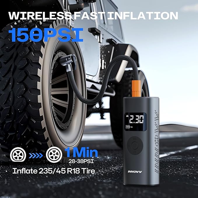 P1 Aluminum Tire Inflator Portable Air Compressor, 3X Faster 150PSI Cordless Car Air Pump with Auto-Shutoff, Motorcycle Pumps with Tire Pressure Gauge, Electirc Tire Pump for Car, Bike, Ball