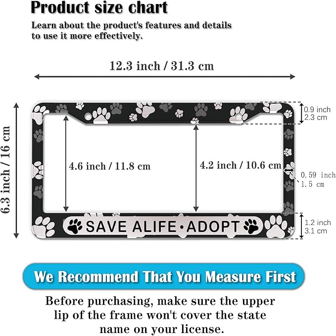 License Plate Holder Black and White License Plate Frames Save a Life Adopt Aluminum Metal Car Accessory 2 Pack with Screw Covers Set