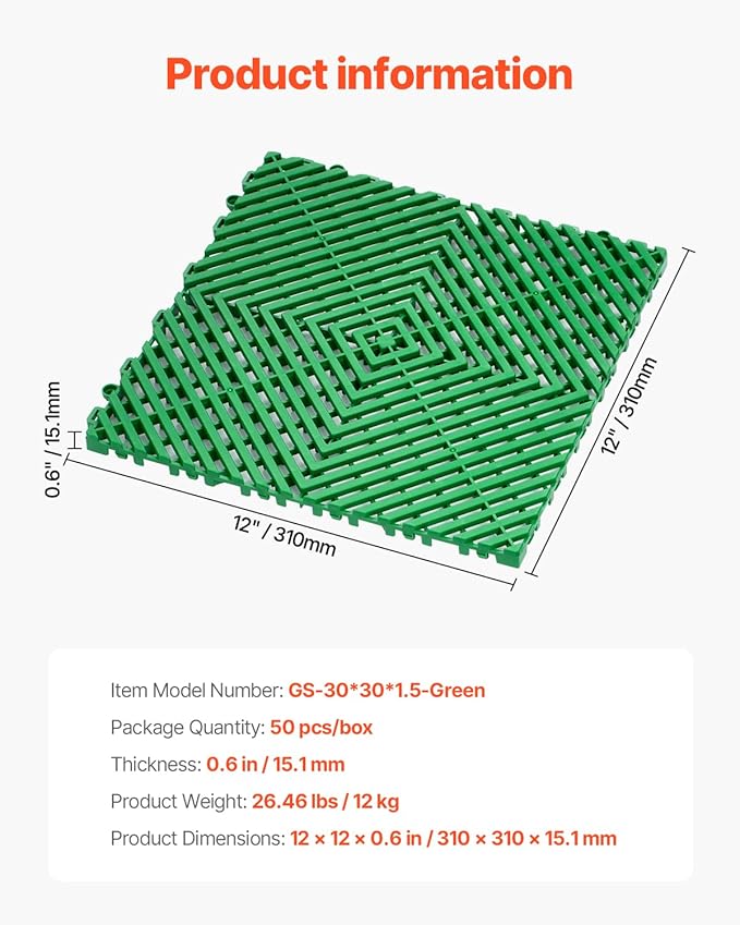 VEVOR Interlocking Drainage Mat, 50 Pcs Modular Interlocking Cushion, 12” x 12” Splicing Drainage Mats, Non-Slip Green PP Drainage Floor Tile and Shower Mat, for Garage, Garden, Kitchen & Outdoor