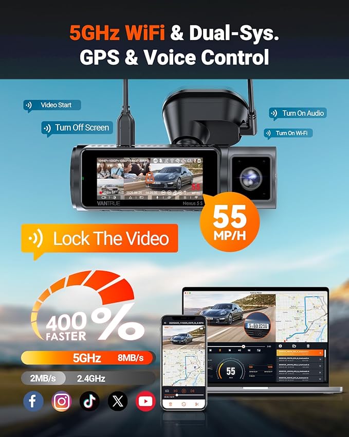 Vantrue N5S 4 Channel 360 Degree WiFi Dash Cam, STARVIS 2, IR Night Vision, 2.7K+1080P*2+1440P Front Rear Inside Dashcam, Voice Control, GPS, 24 Hours Parking Mode, LTE Support, Support 1TB Max