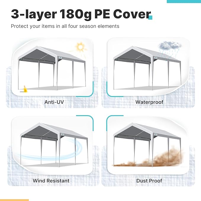 ADVANCE OUTDOOR Adjustable 10x20 ft Heavy Duty Carport Car Canopy Garage Boat Shelter Party Tent, Adjustable Height from 9.5 ft to 11 ft, Gray