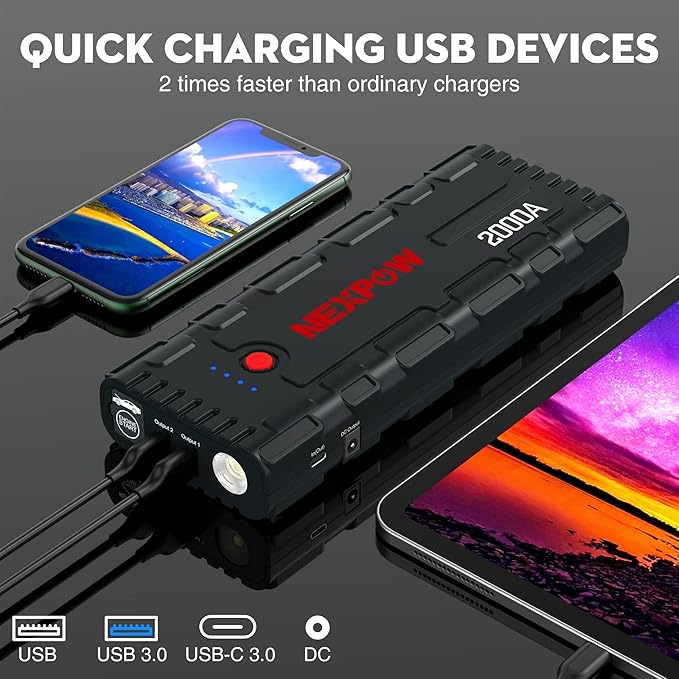 NEXPOW Car Jump Starter, 2000A Peak 12V Portable Car Battery Starter, Auto Battery Booster, Lithium Jump Box with LED Light/USB Quick Charge 3.0