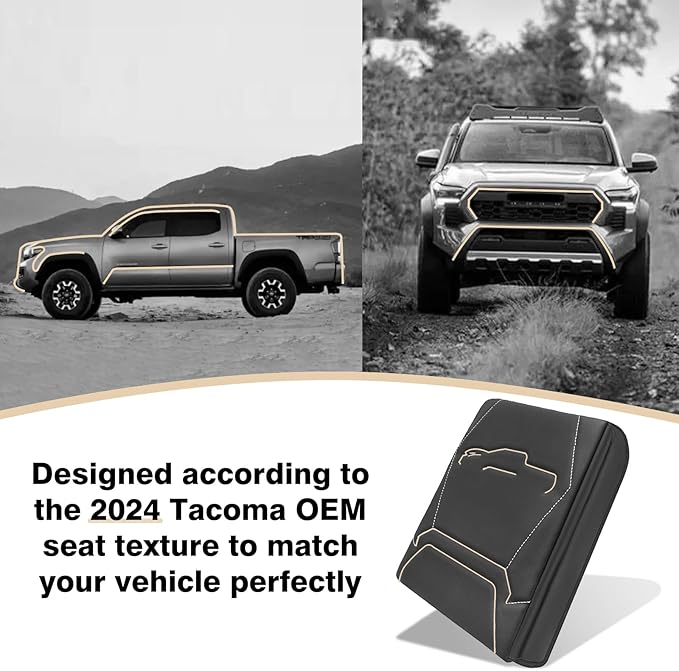 Muslogy Center Console Armrest Cover Compatible with 2024+ Toyota Tacoma 2025+ 4Runner Accessories Armrest Lid Protector Vegan Leather Cushion 1-Inch Extra Thick(Black/Gray Stitching)