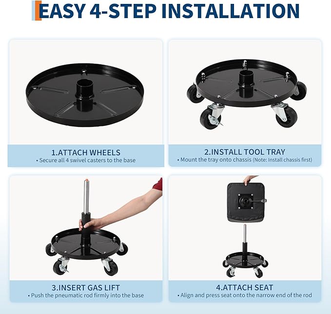 Garage Stool, 16”-21” Adjustable Rolling Mechanic Stool with Universal Wheels, Removable Magnetic Tool Tray, 300LBS Capacity, Roller Creeper Seat, Shop Chair