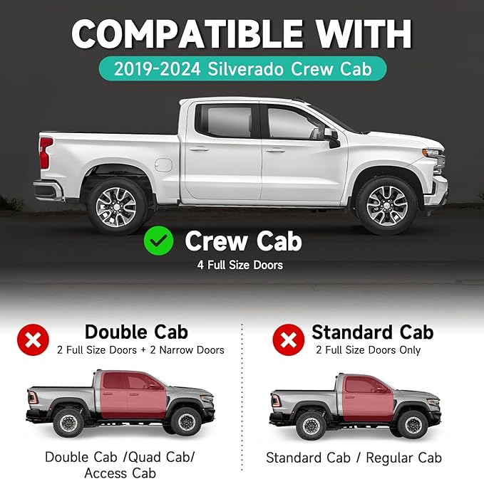 6'' Running Boards – Heavy-Duty Black Carbon Steel with Powder Coating – Compatible with 2019-2024 Silverado Crew Cab (Diagonal Slots)