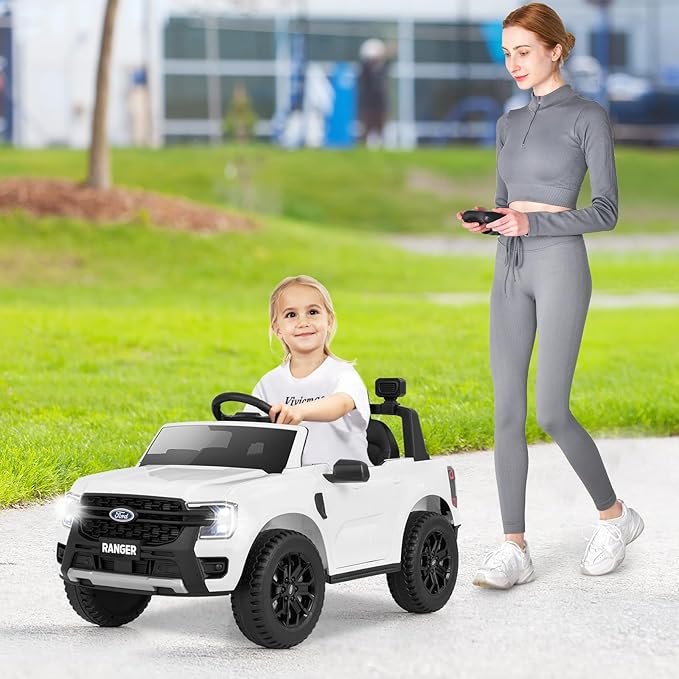 HONEY JOY Ride On Car, 12V Licensed Ford Ranger Electric Vehicle for Kids, Spring Suspension, Music & 3 Speeds, Horn, LED Lights, Battery Powered Ride On Toy with Remote Control(White)