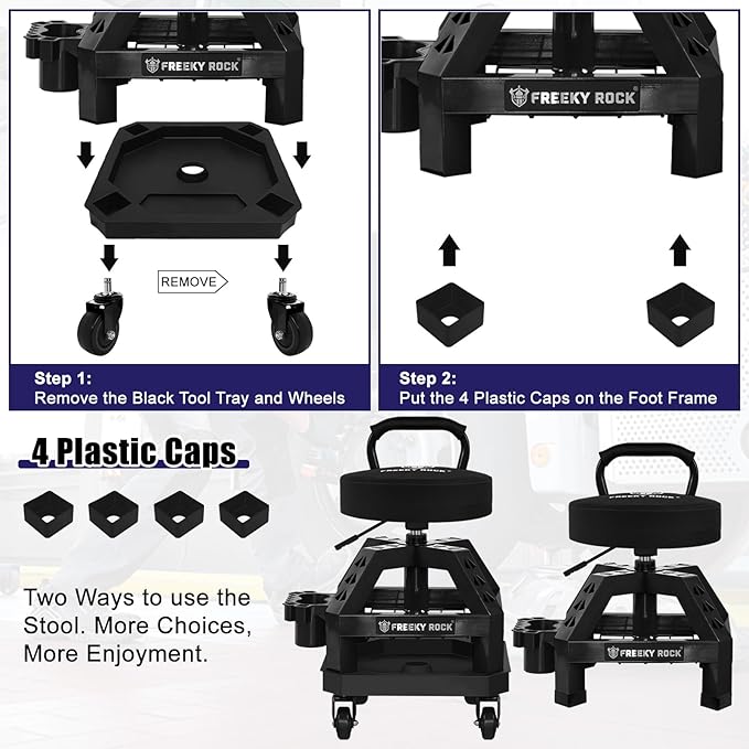 Rolling Shop Stool with Wheels, Heavy Duty Garage Work Mechanic Stool with Backrest, Adjustable Height 360°Swivel Rolling Chair with Tool Tray Storage, 330 LBS Capacity, Black