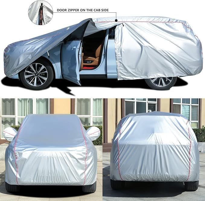 Tecoom Hard Shell Zipper Design Waterproof UV-Proof Windproof Car Cover for All Weather Indoor Outdoor Fit 216-230 Inches Full-Size SUV/Van