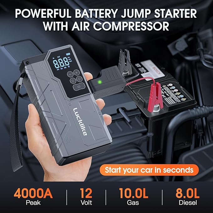 【New】 Lucklike Jump Starter with Air Compressor, 4000A Portable Car Battery Jumper Starter Pack for 10L Gas and 8L Diesel, Tire Inflator with Presssure Detection, 12V Jump Box with 3 Modes Flashlight