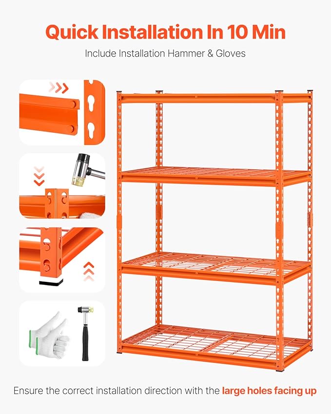 VEVOR Storage Shelves, 2400 lbs, 4 Tier Heavy Duty Garage Shelving, 20" D x 40" W x 60" H Adjustable Metal Shelves for Industrial Shelving Unit Utility Shelf, for Kitchen, Warehouse, Basement, Orange