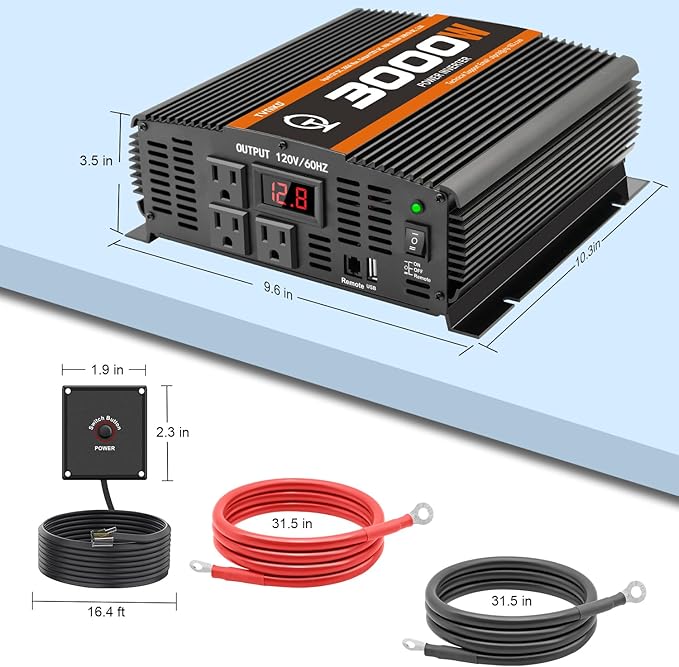 3000 Watt car Power Inverter 12V to 110V /120V for RV semi Trucks Vehicles Power Converter with with 1 USB Ports and 3 AC Outlet- 3000W Inverter