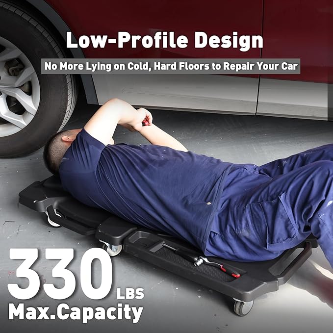 41" Foldable Mechanic Creeper with 6 Swivel Wheels, Low Profile Design with Padded Headrest & Tool Trays, 330 lbs Capacity, Creepers Automotive for Garage Repair