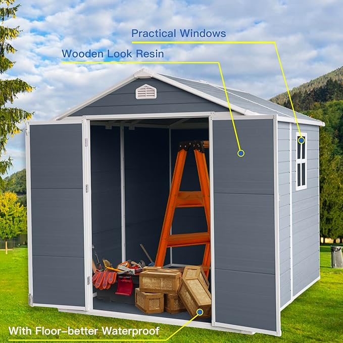 6x8 FT Outdoor Storage Shed, Resin Garden Shed with Thick Floor, Plastic Storage Shed with Window, Waterproof Outside Tool Shed with Lockable Hinged Doors for Backyard, Patio, Lawn, Light Gray