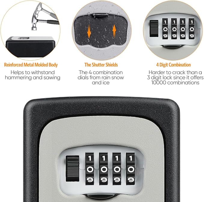 Key Lock Box Wall Mounted, Fayleeko 4 Digit Combination Lockbox for Outside, House Keys - 5 Keys Capacity, Key Safe Security Storage Lock Box for Indoor, Outdoor, Garage, Garden, Store (Black, 4Pack)