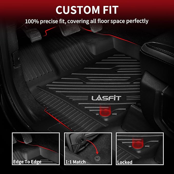 LASFIT Floor Mats for Ford F-150 2015-2025 | F150 Lightning 2022-2025 SuperCrew (Rear w/Fold Flat Storage) Carpet Floor All Weather Car Liners TPE Truck Mats - 1st and 2nd Row, 3pcs Black