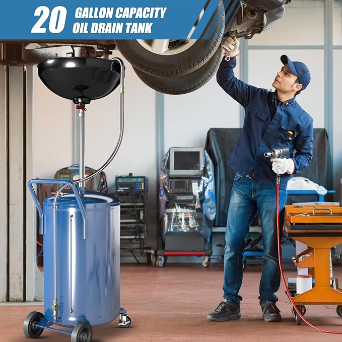 20 Gallon Waste Oil Drain Tank with Wheels,Air Operated Drainer Oil Change Tank,Oil Drain Container with Adjustable Funnel Height,for Easy Oil Removal,Blue