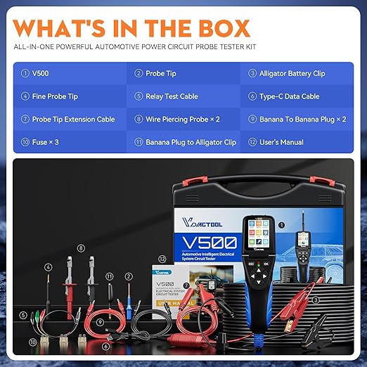 VDIAGTOOL V500 Automotive Power Circuit Probe Tester Kit, 9-30V Car Electric Circuit Tester, Short/Open Circuit Finder, Oscilloscope/Multimeter/Injector/Relay Tester, Component/Fuse/Trailer/AC/DC Test