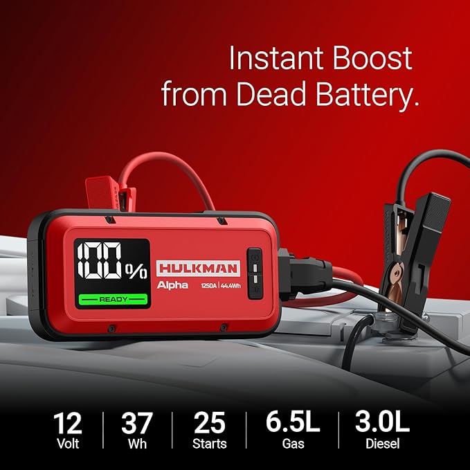 Hulkman Alpha, Ultra Red, 1000A 37Wh Battery Jumper Starter Portable, 12V Modern Car Jump Box with Jumper Cables, for 6.5L Gas/3.0L Diesel Engines, 65W Fast Charging, IP65 Rated, Large LED Display