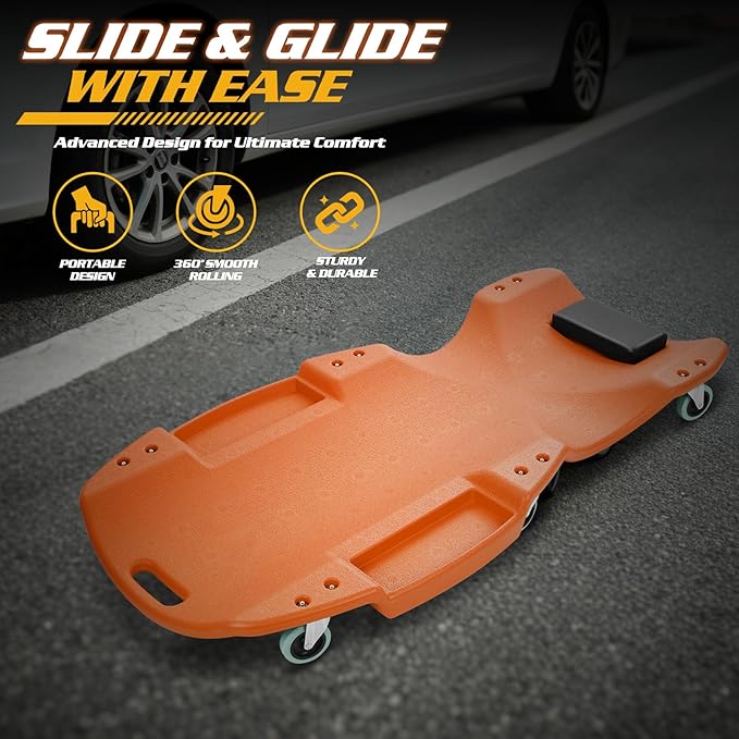 Magshion Mechanic Creeper with Padded Headrest & Tool Trays – 440 lbs Capacity, Rolling Garage Creeper with 6 Swivel Wheels, Lightweight & Portable Under Car Creeper for Auto Repair (Orange)
