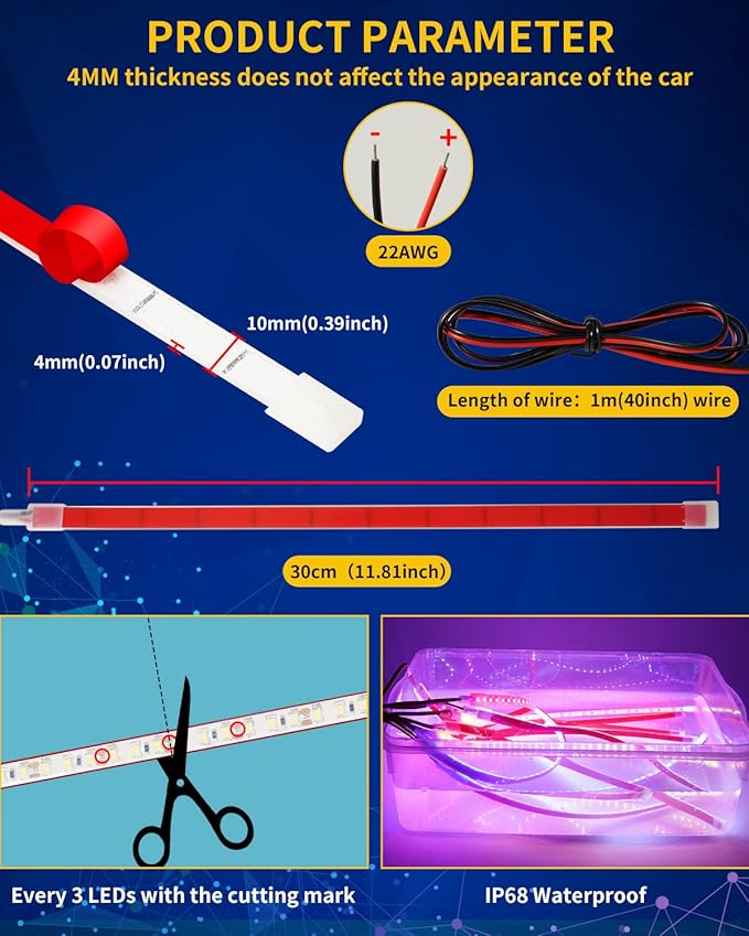 12V Led Strip Light,Car Interior Light Strip IP68 Waterproof Cuttable for Automotive Motorcycle Marine Boat Golf Cart Cargo Home Decoration Led Strip White,12inch (Pack of 4)
