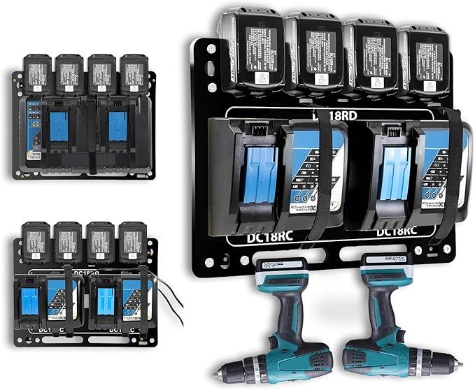 Battery Holder for Makita, Wall Mount for Makita DC18RC DC18RD Chargers, Suitable for Makita Battery Charger 14.4V/18V Batteries and 2 Drilling Screwdrivers, Storage in The Workshop and Garage