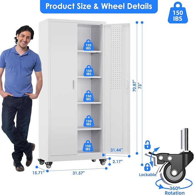 73" H Metal Storage Cabinet with Wheels, Pegboard and 4 Hooks, Garage Storage Cabinet with 4 Adjustable Shelves and 2 Lockable Doors for Garage Home Office, Basement, Assembly Required, White