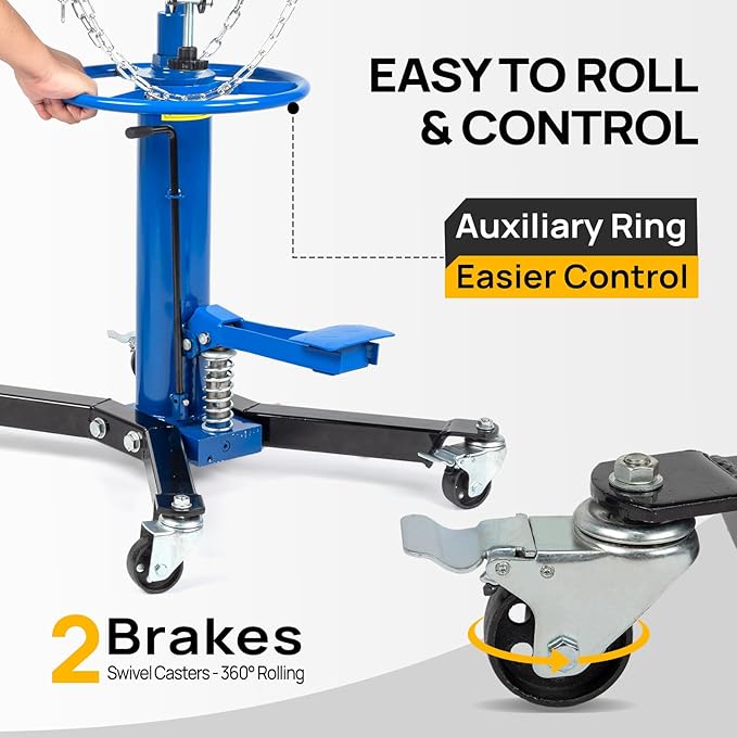 TUFFIOM Transmission Jack, 1100 lbs 1/2Ton Hydraulic 2-Stage High Lift Vertical Telescoping Floor Jack Stand, 34" to 68" Lifting Range, w/Pedal, 360° Swivel Wheels, Garage/Shop Lift Hoist, Blue