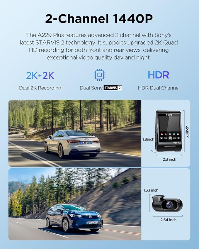 VIOFO A229 Plus Dash Cam Front and Rear, Dual STARVIS 2 Sensors, 2 Channel HDR, 1440P+1440P Voice Control Car Dash Camera, 5GHz Wi-Fi, Support 512GB Max, Voice Control, Ultra-Precise GPS