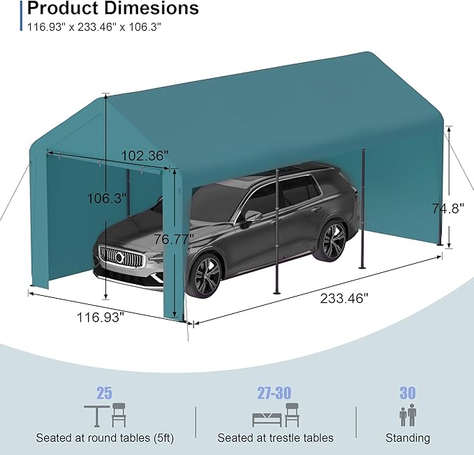 Carport 10x20 Heavy Duty Portable Garage w/Removable Sidewalls & Roll-Up Door Car Canopy Party Tents Waterproof UV Resistant All Weather Car Port for Trucks,Boats(Green)