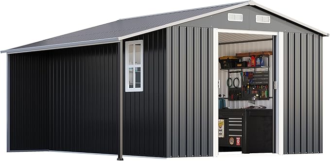 AMERLIFE 10.6x10.3x6.3 FT Galvanized Metal Storage Shed with Open Firewood Bay, Sliding Doors & Ramp, 2 Windows & Vents, Weather-Resistant Outdoor Tool/Garden Shed, Dark Grey/White