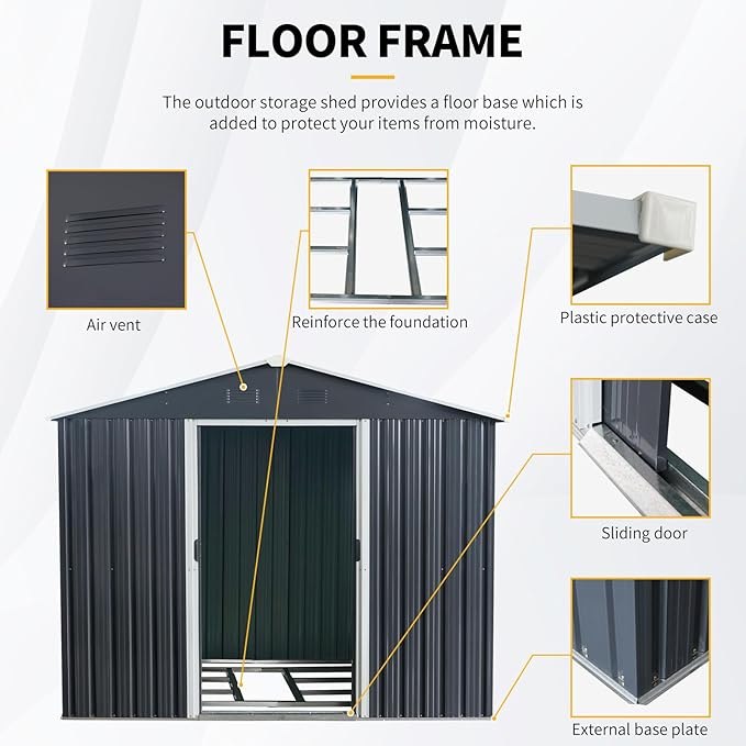 8x10 FT Outdoor Storage Shed, Metal Garden Shed with Frame Floor, Outside Tool Shed with Lockable Sliding Doors, Waterproof Storage Building with Sloped Roof for Backyard, Patio, Lawn, Black