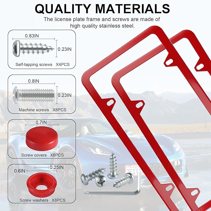 LivTee 4 Holes Stainless Steel License Plate Frames, 2 PCS Car Licence Plate Covers, Automotive Exterior Accessories Slim Design with Bolts Washer Caps for US Vehicles, Red