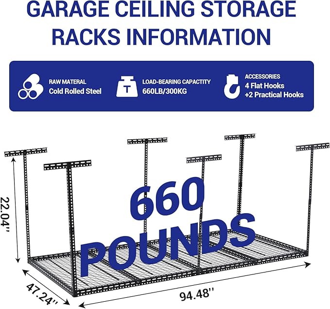 Overhead Garage Storage Rack 4x8 FT, Steel Ceiling Shelves 660lb Capacity, Height Adjustable 22-40 Inches, Space-Saving for Attic Basement Shed (Black, 6 Posts)