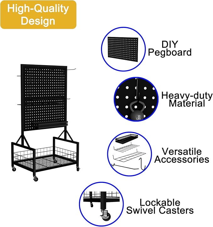 All-in-One Garage Storage Cart with Locking Wheels – Heavy-Duty Tool Organizer with Rack, Pegboard & Hooks & Accessories – Ideal for Garage, Garden, Yard – Utility Cart with Versatile Storage