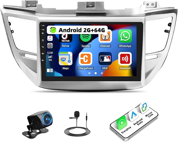 2G+64G 9 Inch Android Car Stereo for Hyundai Tucson 2015-2018 Radio Wireless Apple CarPlay Android Auto Bluetooth Touchscreen GPS Navigation Head Unit WiFi FM USB SWC Split Screen+AHD Backup Camera