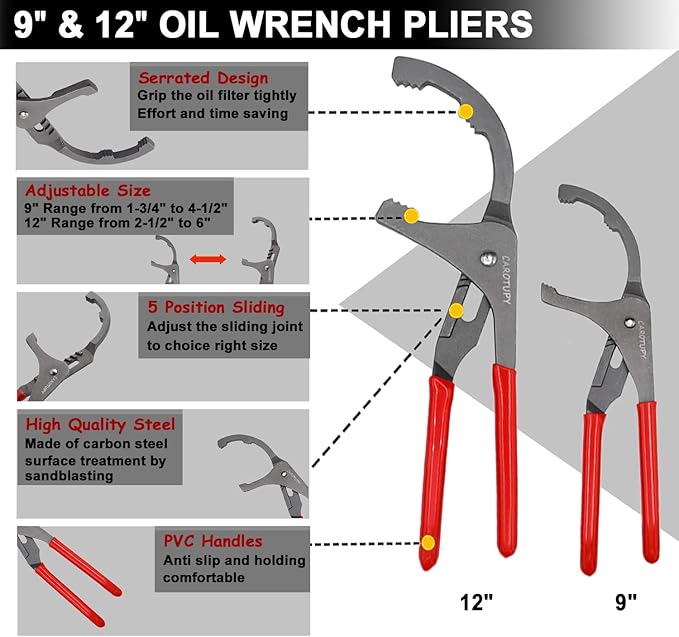 10PCS Oil Filter Wrench Set, 9" & 12" Oil Filter Pliers, 3 Jaw Oil Filter Wrench Tool with Oil Funnel for Oil Change Adjustable From 1-3/4" to 6"