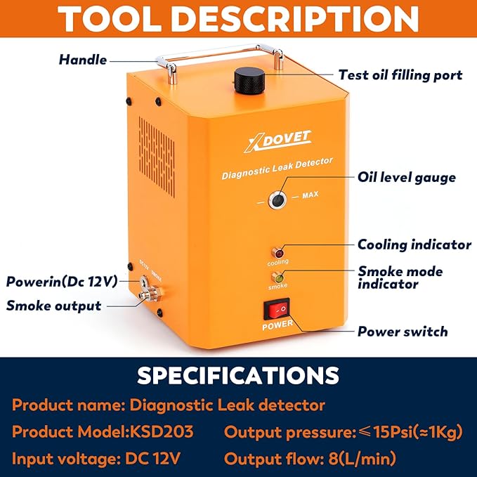 Smoke Machine Automotive with Built-in Air Pump, XDOVET KSD201 Professional Smoke Tester Automotive, Vehicle Leak Diagnostic Detector Tools Kit for Leaks Test in Vacuum, Fuel, and Other Cars System