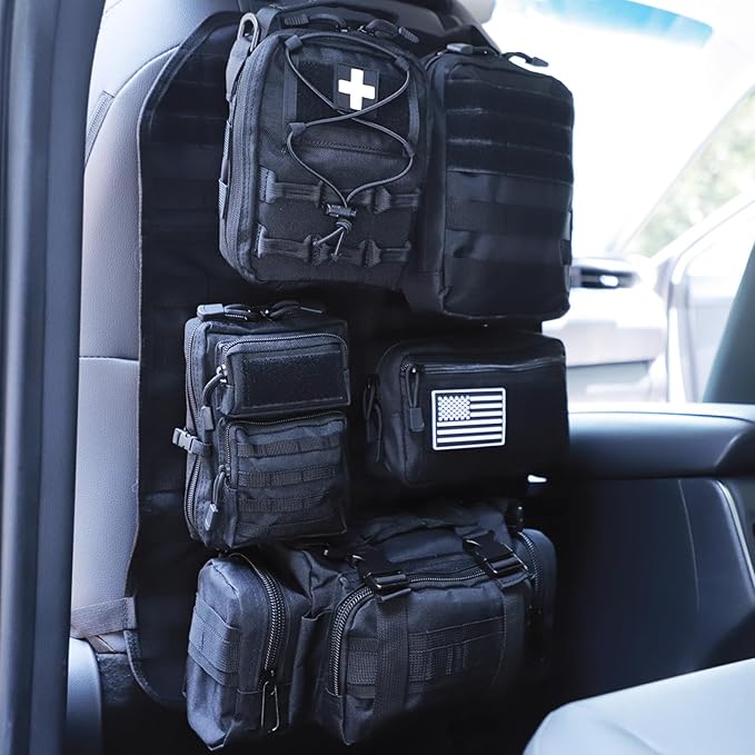 Universal Tactical Seat Back Organizer Vehicle Molle Panel Organizer Storage Bag with 5 Detachable Molle Pouch for All Vehicel Such as Jeep,Truck,SUV, Car, Ford,Chevy etc