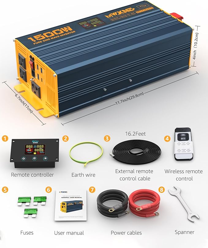 1500W/3000W(Peak) Power Inverter Pure Sine Wave DC 12V to 110V 120V AC Converter 3 AC Outlets Car Inverters with 4 USB Fast Charging Ports, LCD Display and Remote Controller for Truck RV