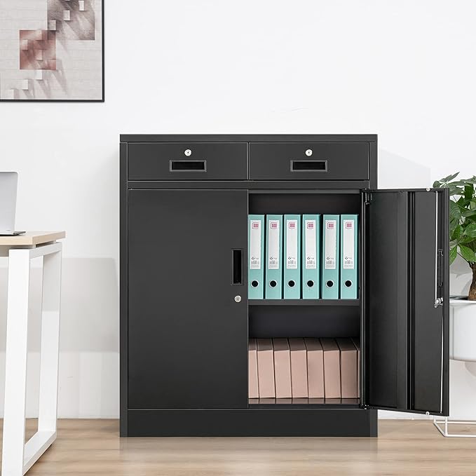 Metal Storage Cabinet, 36" H Locking Storage Cabinet with Two Drawers and Adjustable Shelf, Metal Cabinets for Office, Garage, Home-Black