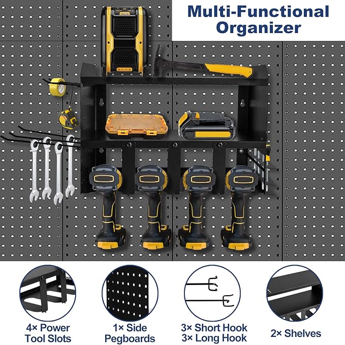 Heavy-Duty Power Tool Organizer Wall Mount, 3-Tier Drill Storage Rack with Dual Side Pegboards and 4 Hooks, Perfect for Garage, Workshop, Tool Room - Ideal Gift for Men, Black