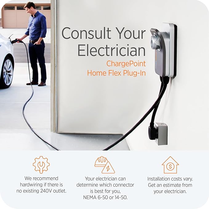 ChargePoint HomeFlex Level 2 EV Charger J1772, NEMA 6-50 Plug for Electric Car - Fast Smart Battery Power Charging at Home for Electric Automobile Vehicles