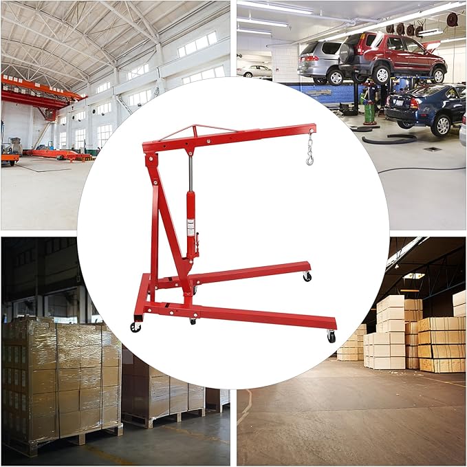 Folding Engine Crane 2 Ton Folding Engine Hoist 4400lbs Crane Hoist Lift with 6 Iron Caster Wheels for Garage, Workshop (Red)