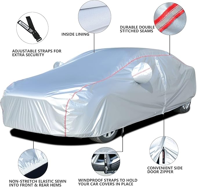 Tecoom Car Covers for Automobiles Door Zipper/Lock Universal Fit Sedan Toyota Camry, Honda Accord, Chevy Malibu, Kia Optima, Hyundai Sonata Nissan Altima Volkswagen Passat Ford Fusion Buick Regal
