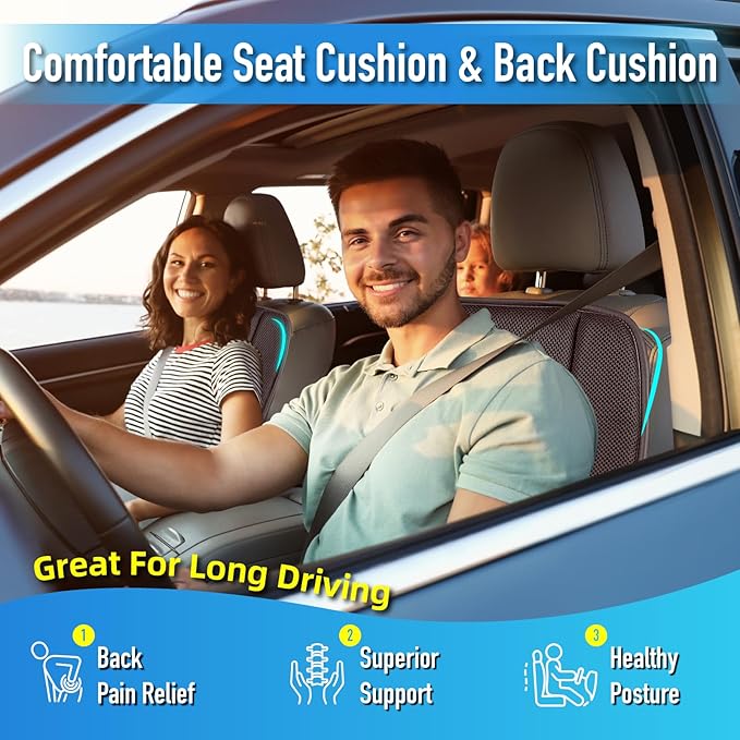 Memory Foam Car Seat Cushion with Lumbar Support Pillow - 4D Mesh Ventilation for Back & Sciatica Pain Relief, Auto Pad Suitable for Car, Truck, SUV, Dark Grey