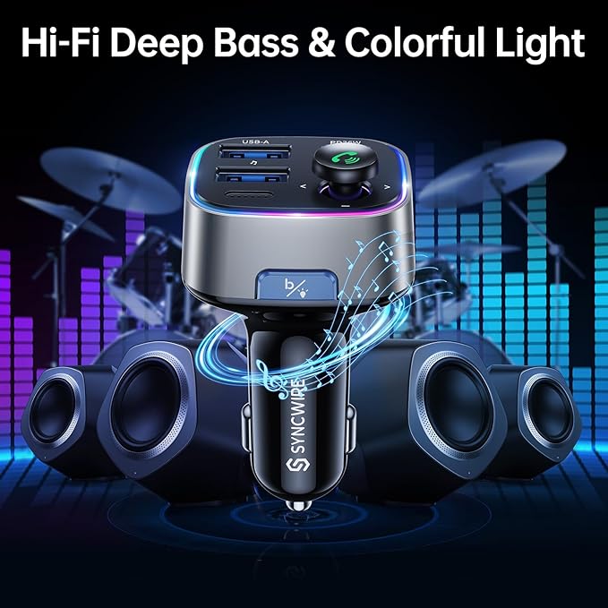 Syncwire Bluetooth 5.3 FM Transmitter Car Adapter 48W (PD 36W & 12W) [Light Switch] [Hi-Fi Deep Bass] [Fast Charge] Wireless Radio Music Adapter LED Display Hands-Free Calling Support USB Drive