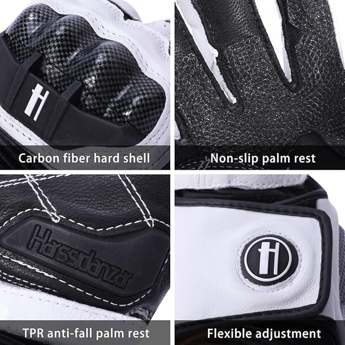 Harssidanzar Leather Motorcycle Gloves for Men and Women,Powersports Carbon Fiber Knuckle Protection Motorbike Gloves KM045