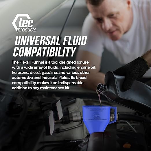 FlexAll Long Flexible Funnel for Automotive Use - Durable Nitrile Rubber - Ideal for Car Oil Change, Transmission Funnel Fluid, Diesel, Fuel, Gas - Made in USA - Blue (16 x 5 Inches)