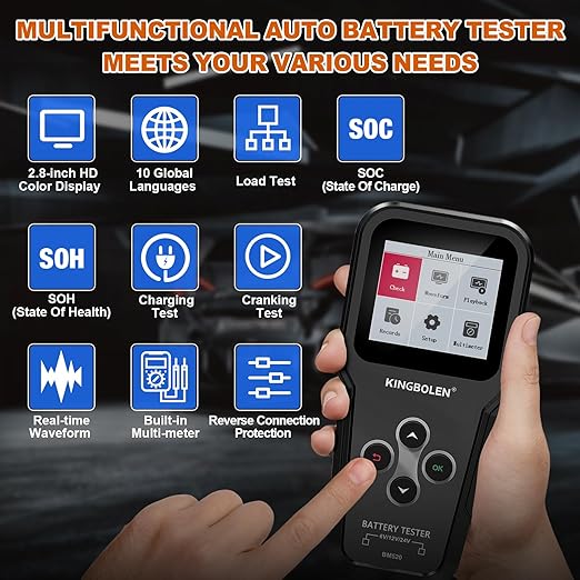 KINGBOLEN BM520 6V 12V 24V Car Battery Tester, 100-2000 CCA Automotive Load Tester Accurate Digital Auto Battery Analyzer Cranking and Charging System Tester for Cars Trucks SUV Motorcycle