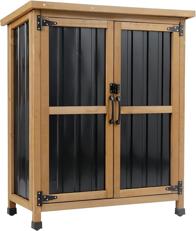 Outdoor Storage Cabinet Wood & Metal Small Storage Shed Waterproof Roof, Double Lockable Doors Garden Shed with Removable Shelves for Patio, Garden, Backyard, Lawn, 32" x 13" x 40" (Brown)